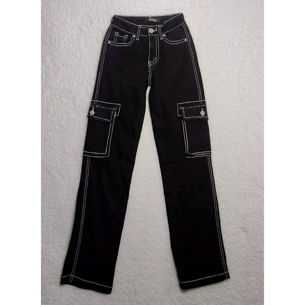 Telepatia Women's Cargo Jeans 00/23 Wide Leg Black w/White Stitch  w/Pockets